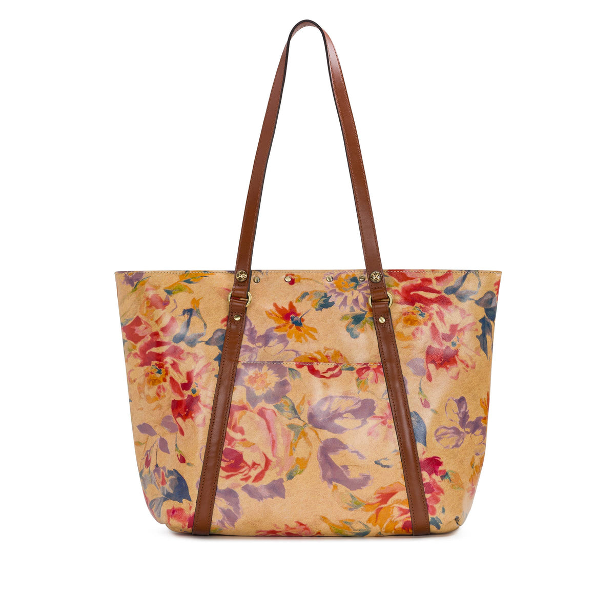 Patricia Nash Benvenuto Tote in Aegean Blooms with floral pattern, leather handles, and spacious interior for everyday use.