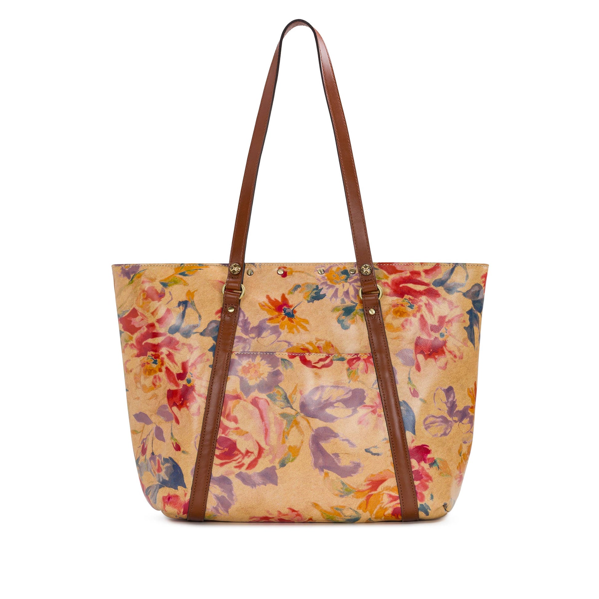 Patricia Nash Benvenuto Tote in Aegean Blooms with floral pattern, leather handles, and spacious interior for everyday use.