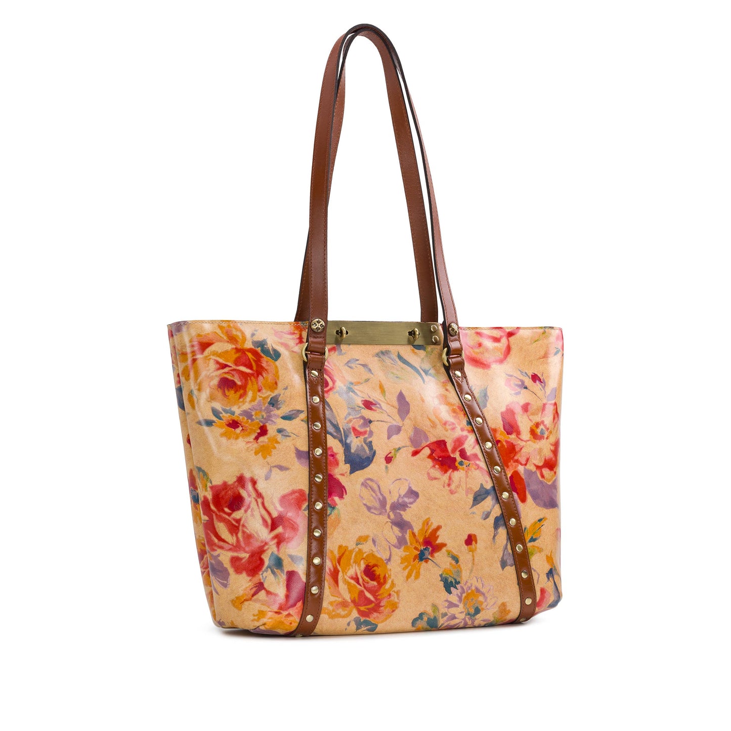 Patricia Nash Benvenuto Tote in Aegean Blooms with floral design and leather handles, showcasing elegant craftsmanship.