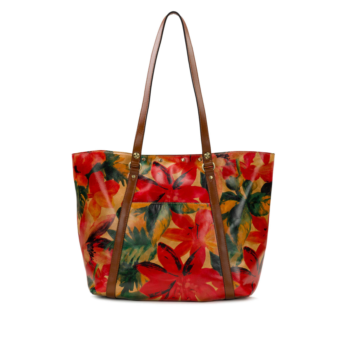 Patricia Nash Benvenuto Tote in Aegean Blooms with floral design, leather handles, and spacious interior for everyday use.