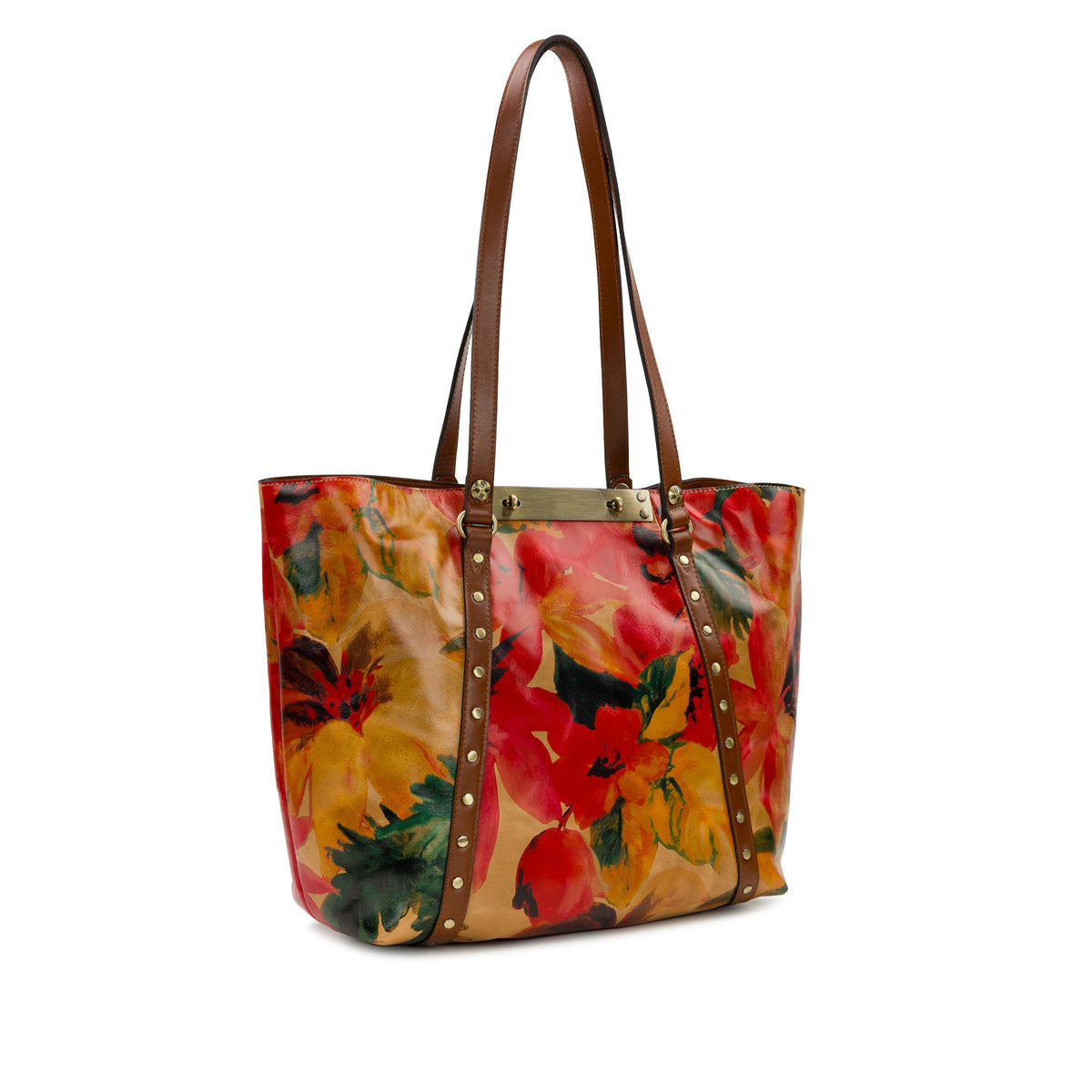 Patricia Nash Benvenuto Tote in Aegean Blooms with floral pattern, featuring leather handles and spacious interior.