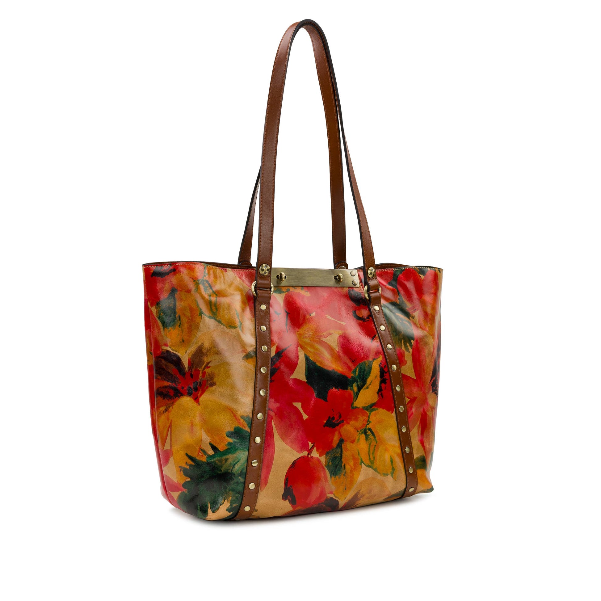 Patricia Nash Benvenuto Tote in Aegean Blooms with floral pattern, featuring leather handles and spacious interior.