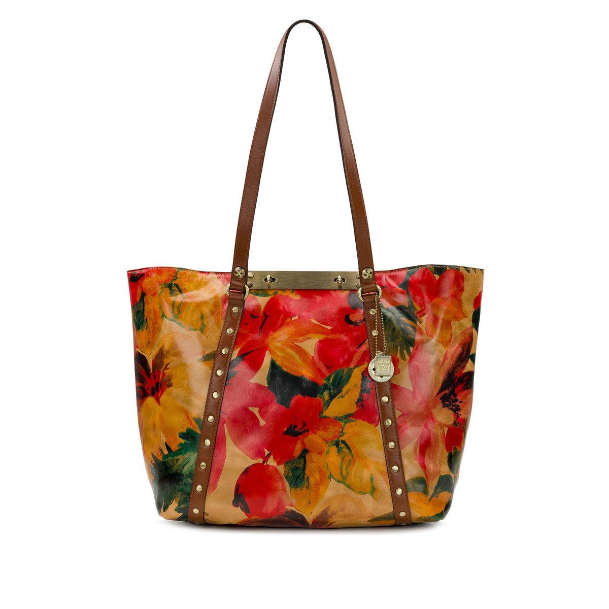 Patricia Nash Benvenuto Tote in Aegean Blooms with floral pattern, leather accents, and spacious interior for everyday use.