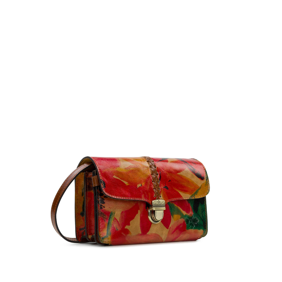 Patricia Nash Bianco Crossbody bag with spring multi floral pattern, leather strap, and detailed stitching.