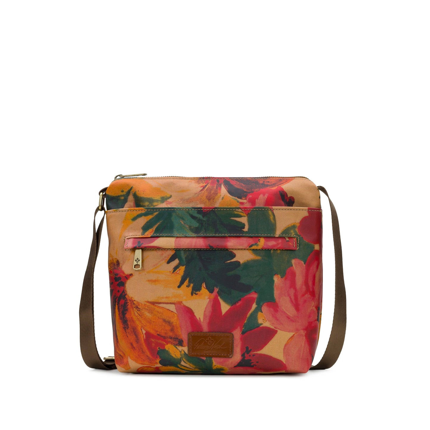 Patricia Nash Carmini Crossbody bag in Spring Multi with floral and colorful patterns, featuring a compact design and adjustable strap.