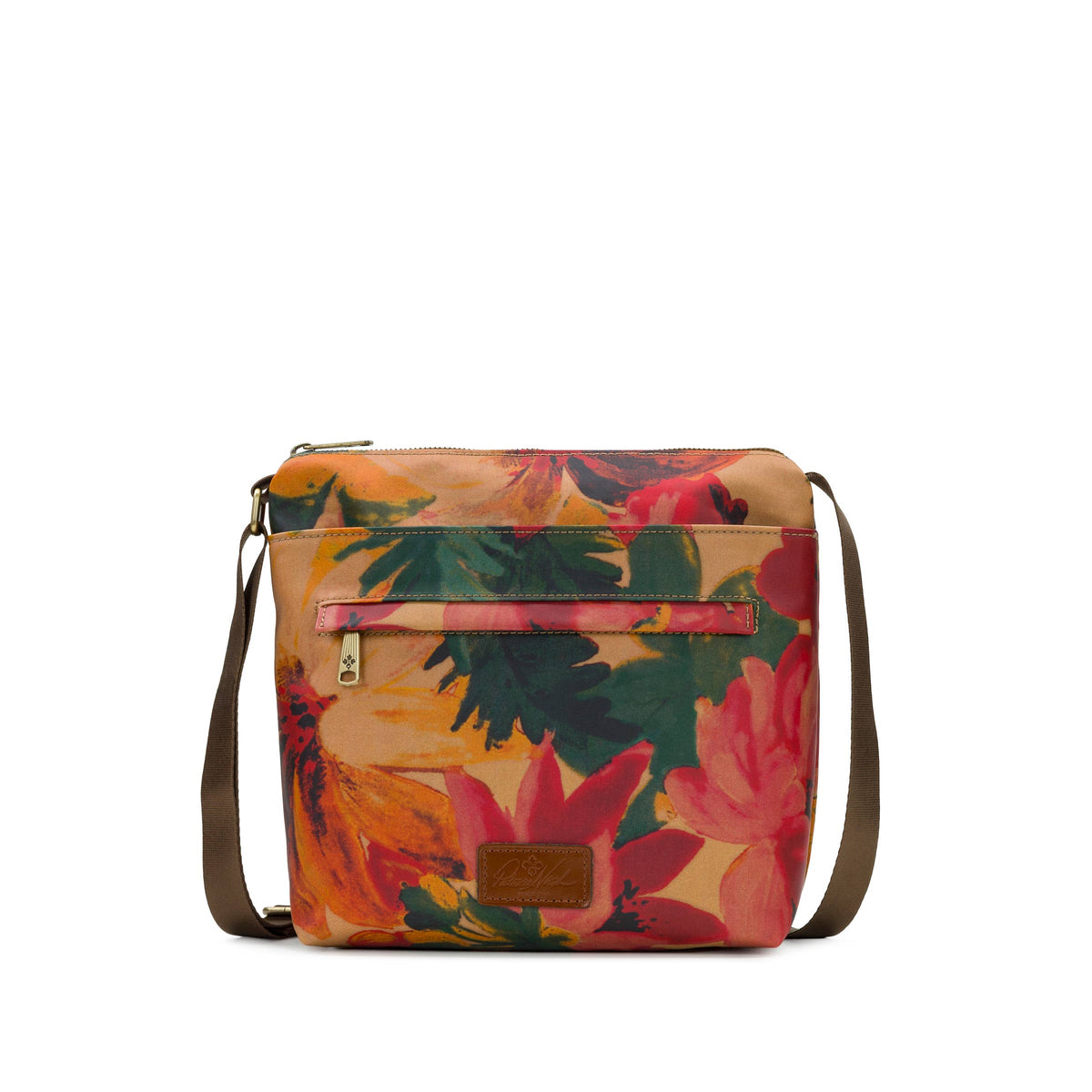 Patricia Nash Carmini Crossbody bag in Spring Multi with floral and colorful patterns, featuring a compact design and adjustable strap.