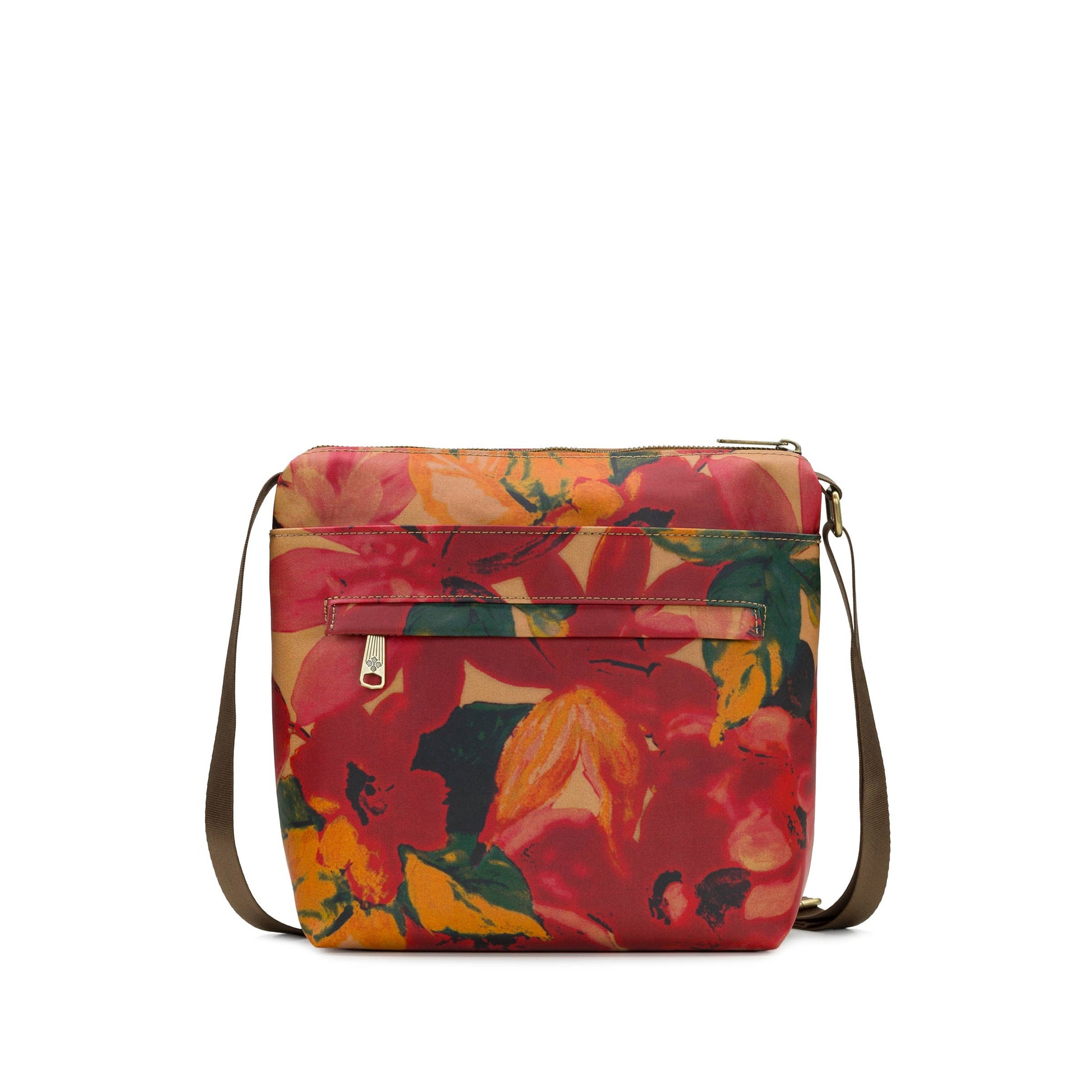 Patricia Nash Carmini Crossbody bag in Spring Multi with colorful floral pattern and adjustable strap on a plain background.
