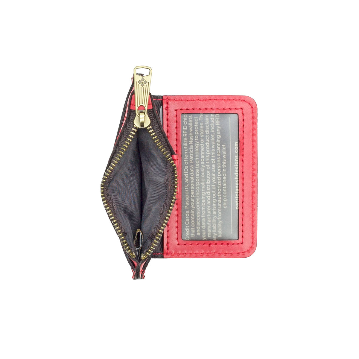 Patricia Nash Cassis ID case in vintage distressed leather with embossed logo and compact design, ideal for holding ID and cards.
