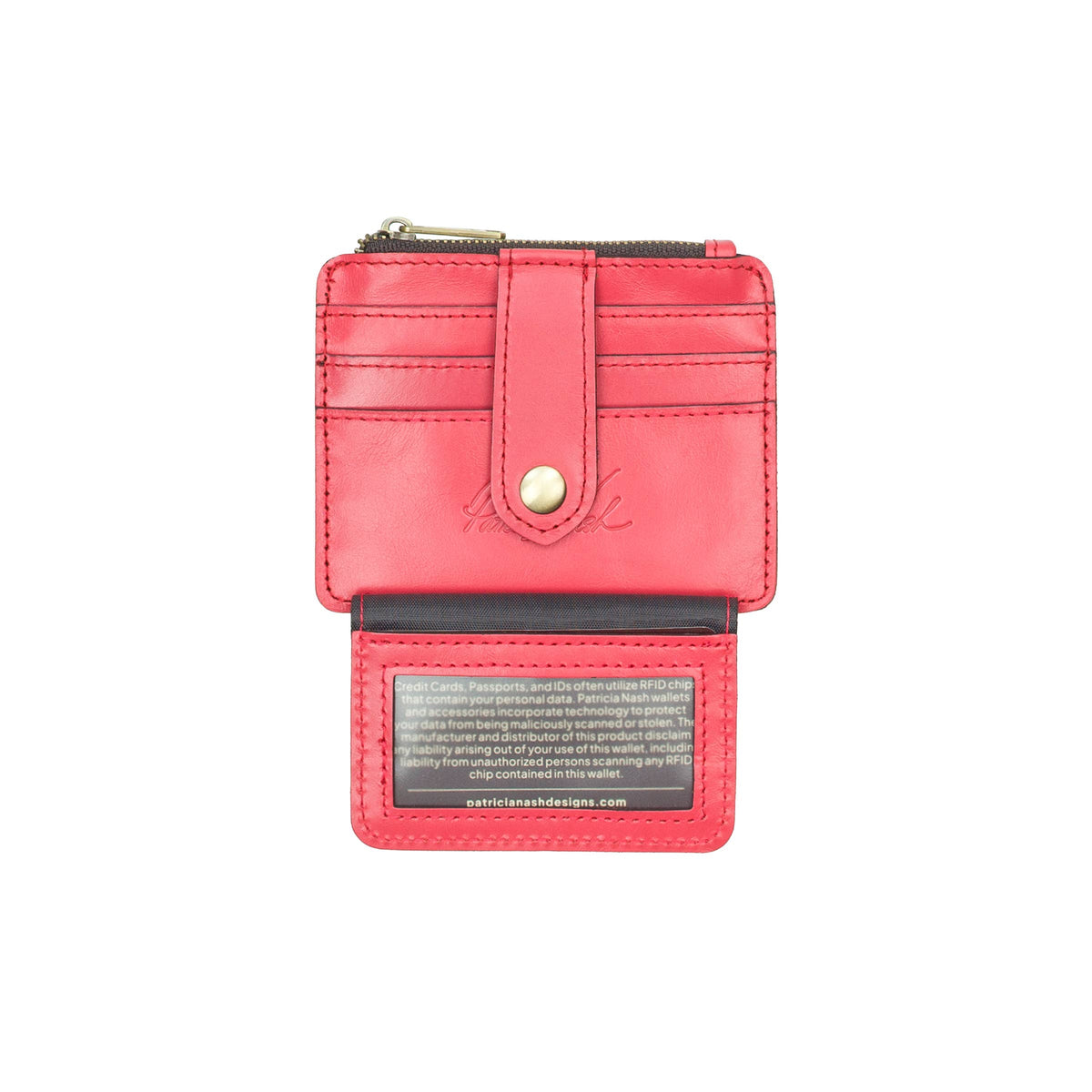 Patricia Nash Cassis ID case in vintage distressed leather with embossed logo and multiple card slots, stylish and functional accessory.