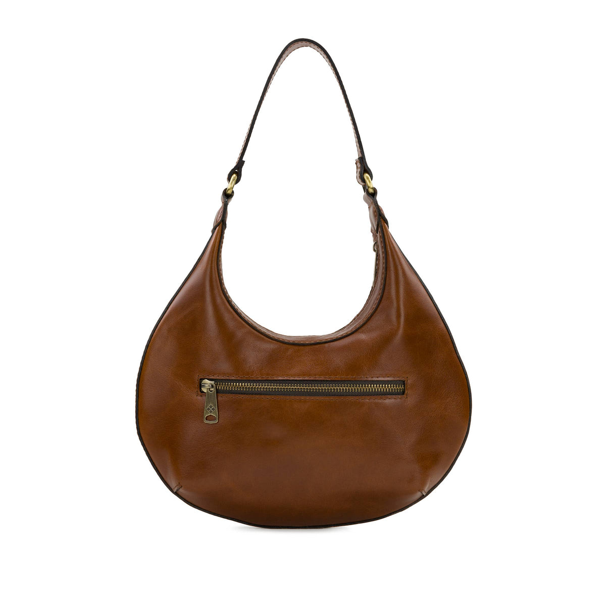 Patricia Nash Coco Crescent Hobo bag in cognac leather with a rounded shape and adjustable strap, stylish and spacious.