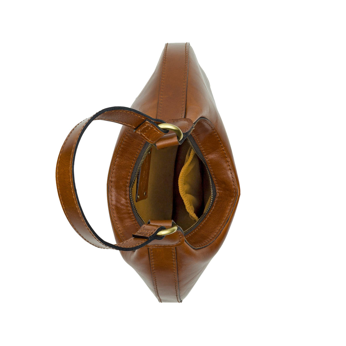 Patricia Nash Coco Crescent Hobo bag in Cognac leather with crescent shape and gold-tone hardware, displayed on a neutral background.