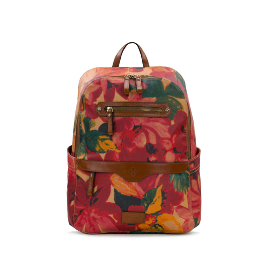 Patricia Nash Karina backpack in spring multi with floral and geometric patterns, leather accents, and adjustable shoulder straps.
