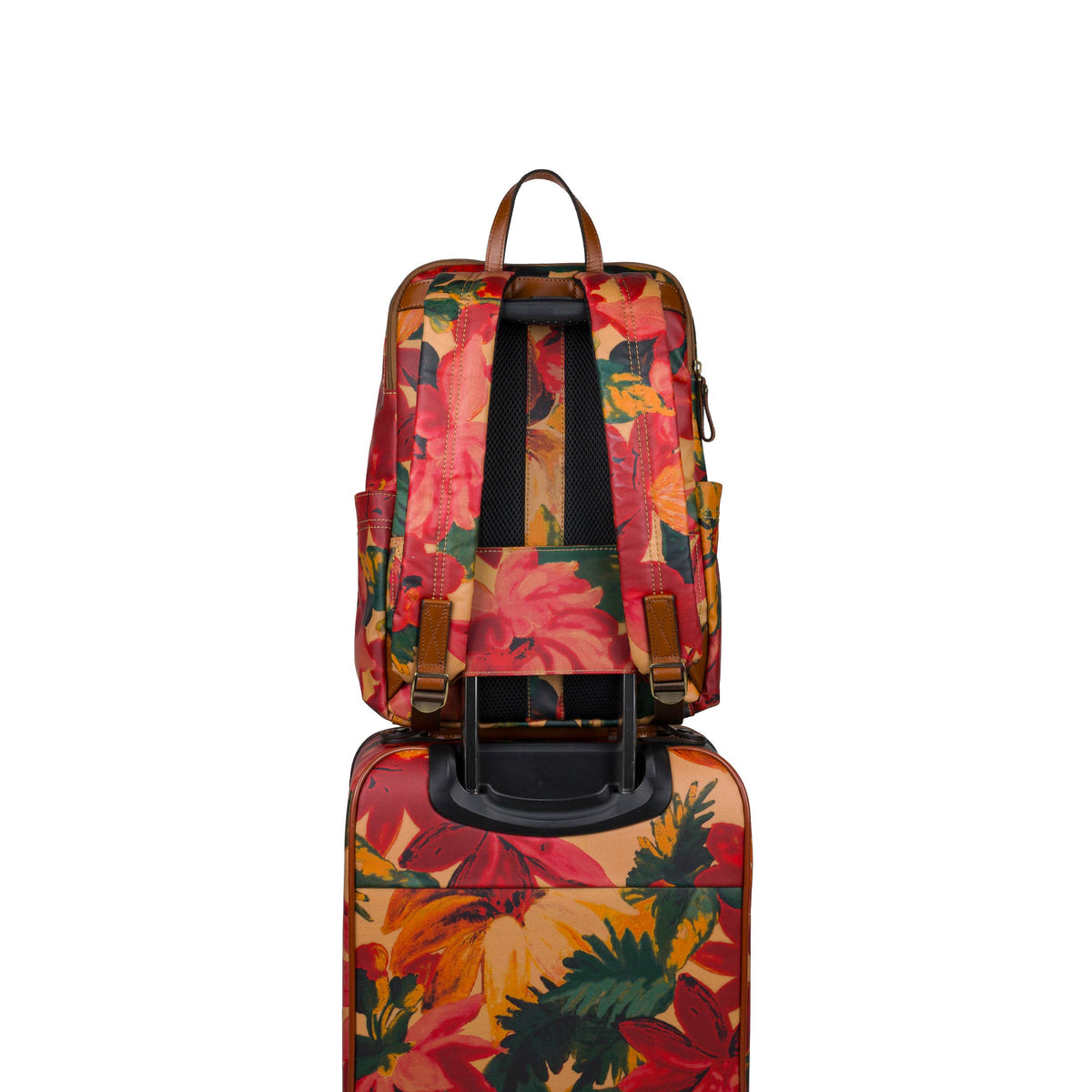 Patricia Nash Karina Backpack in Spring Multi with floral pattern, leather accents, and adjustable straps.