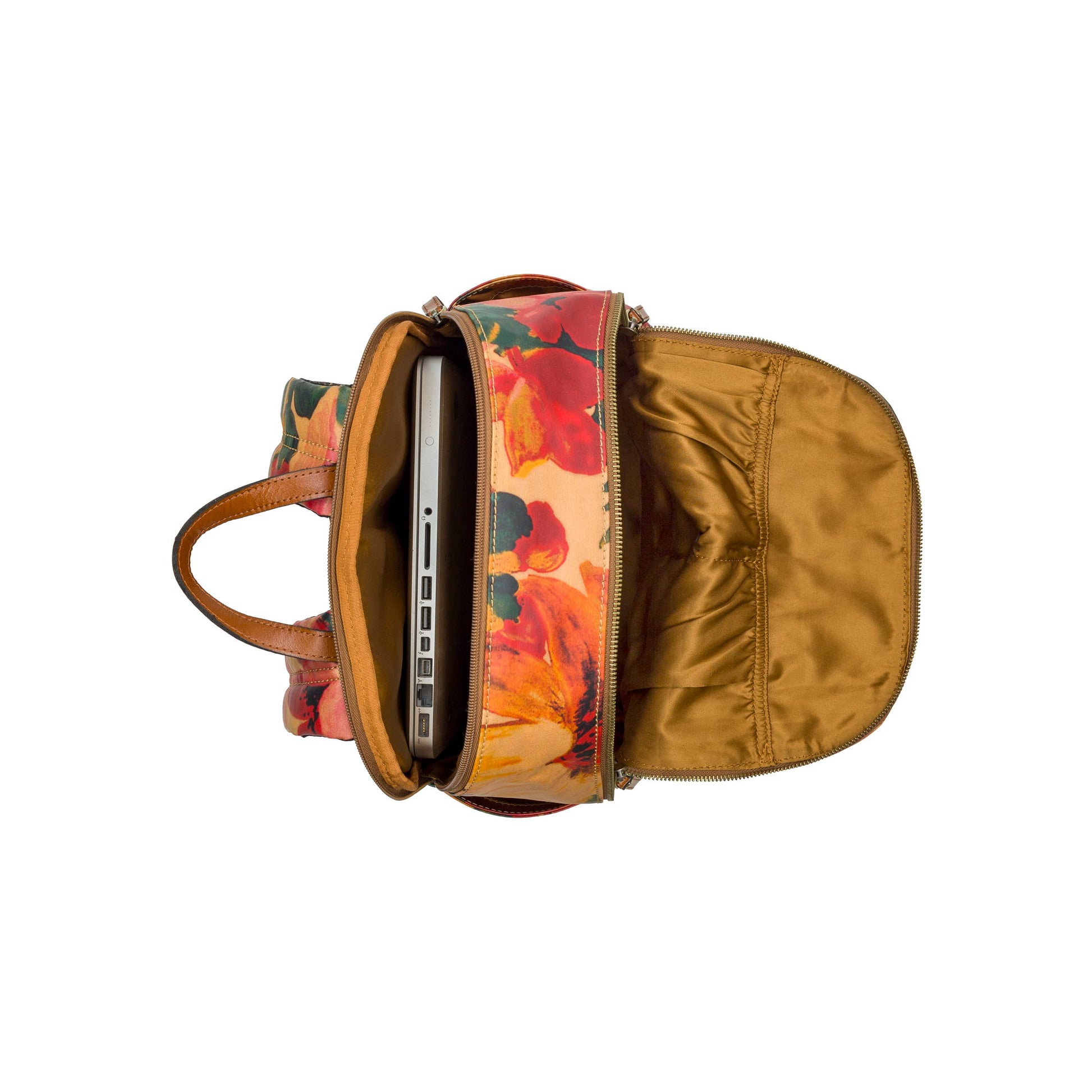 Patricia Nash Karina Backpack in Spring Multi with floral pattern, leather accents, and adjustable straps.