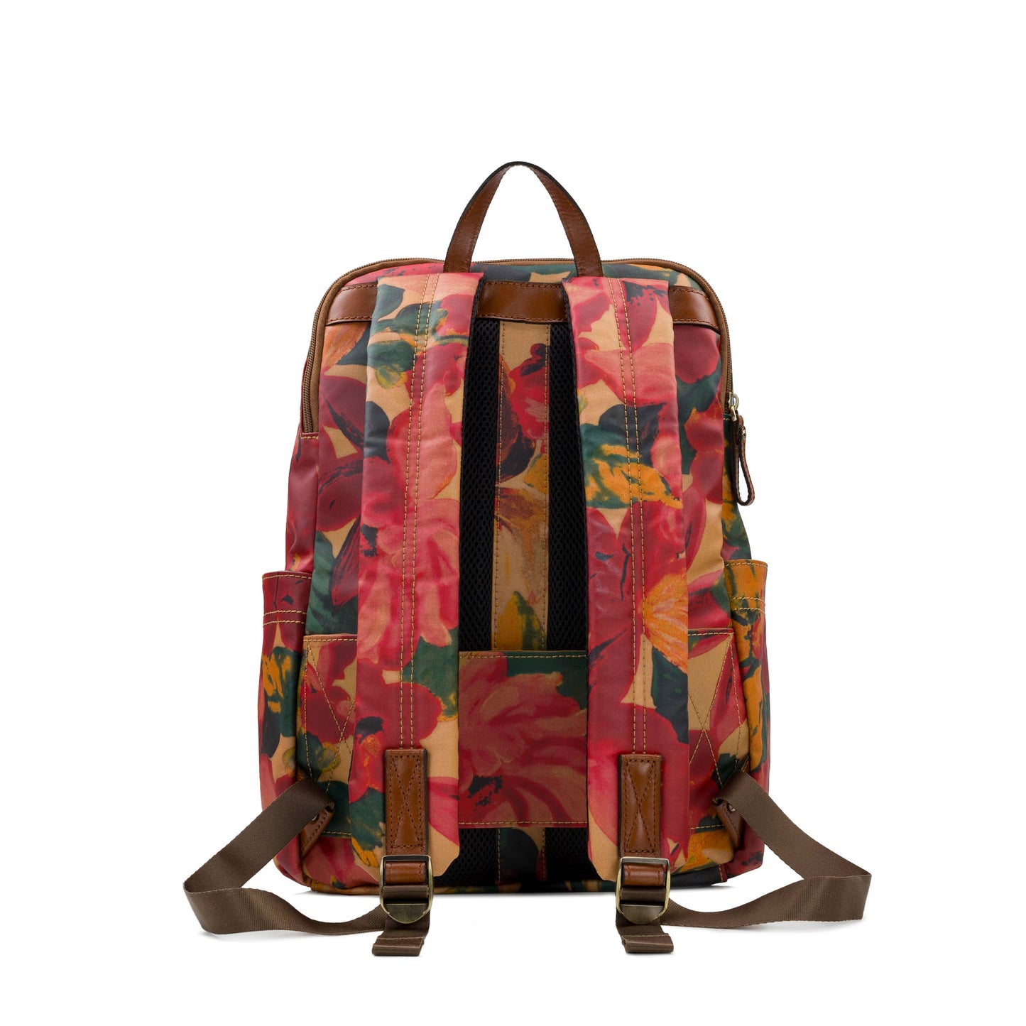 Patricia Nash Karina Backpack in Spring Multi with colorful floral and geometric patterns, leather accents, and adjustable straps.