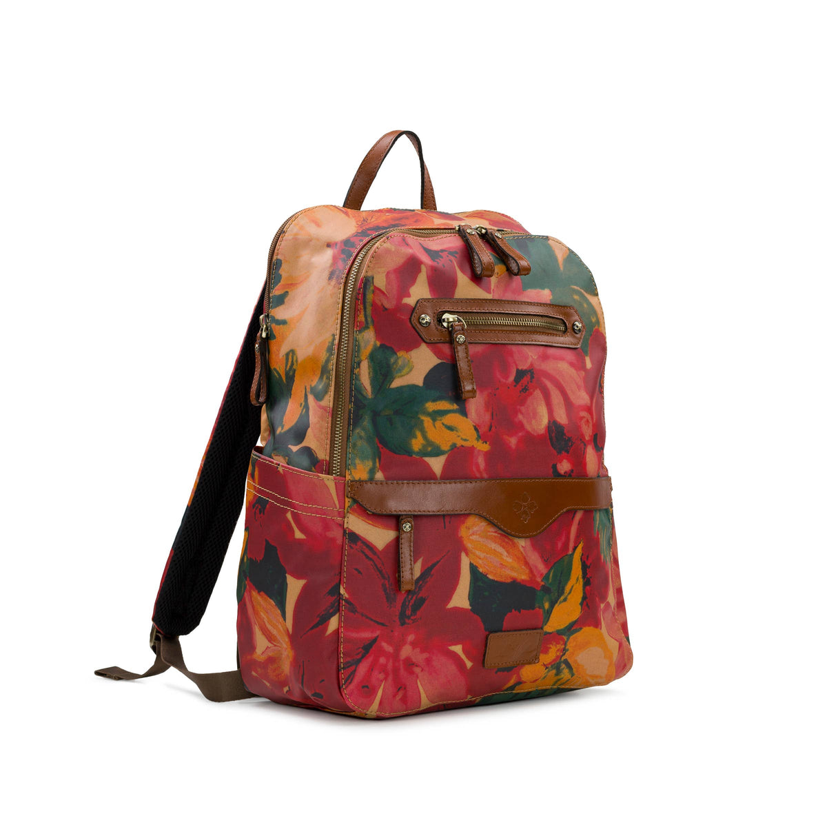 Patricia Nash Karina Backpack in spring multi with floral pattern, leather accents, and adjustable straps.