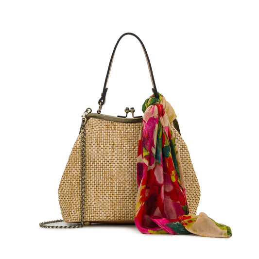 Patricia Nash Laureana satchel with woven burnished leather and spring multi-colored scarf accents, stylish and elegant handbag.