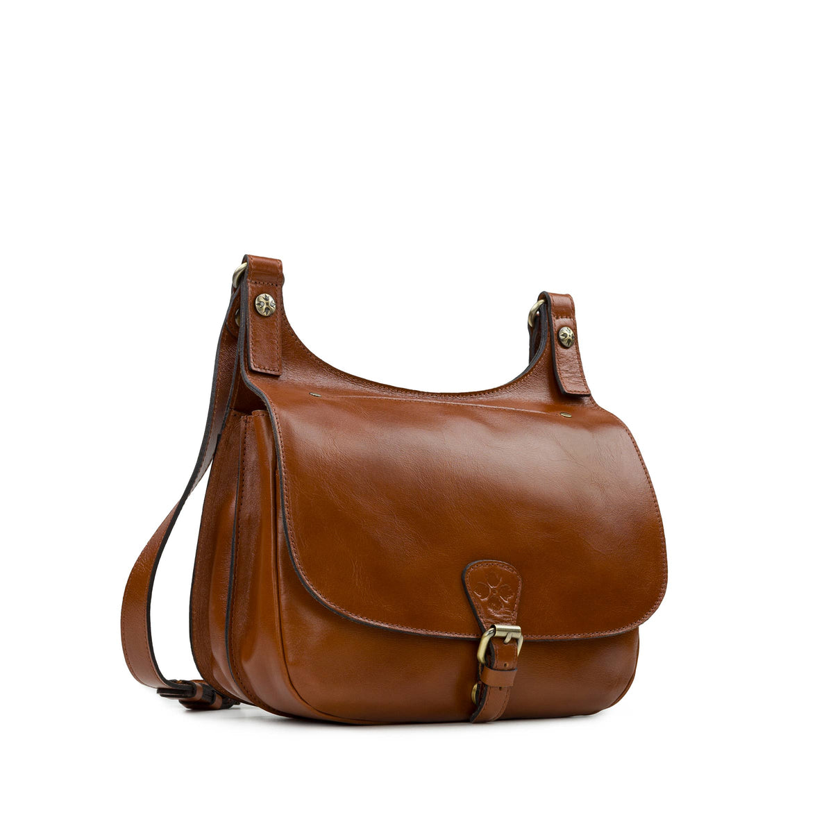 Tan Patricia Nash London Saddle Bag in Heritage Leather with adjustable strap and classic saddle design.