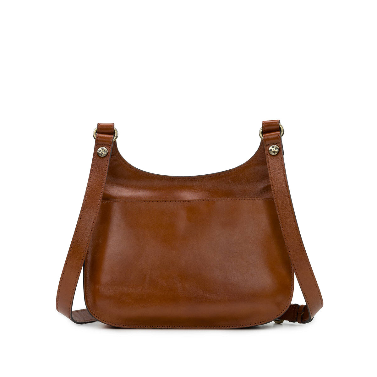 Patricia Nash London Saddle Bag in tan heritage leather with adjustable strap and classic saddle bag design.