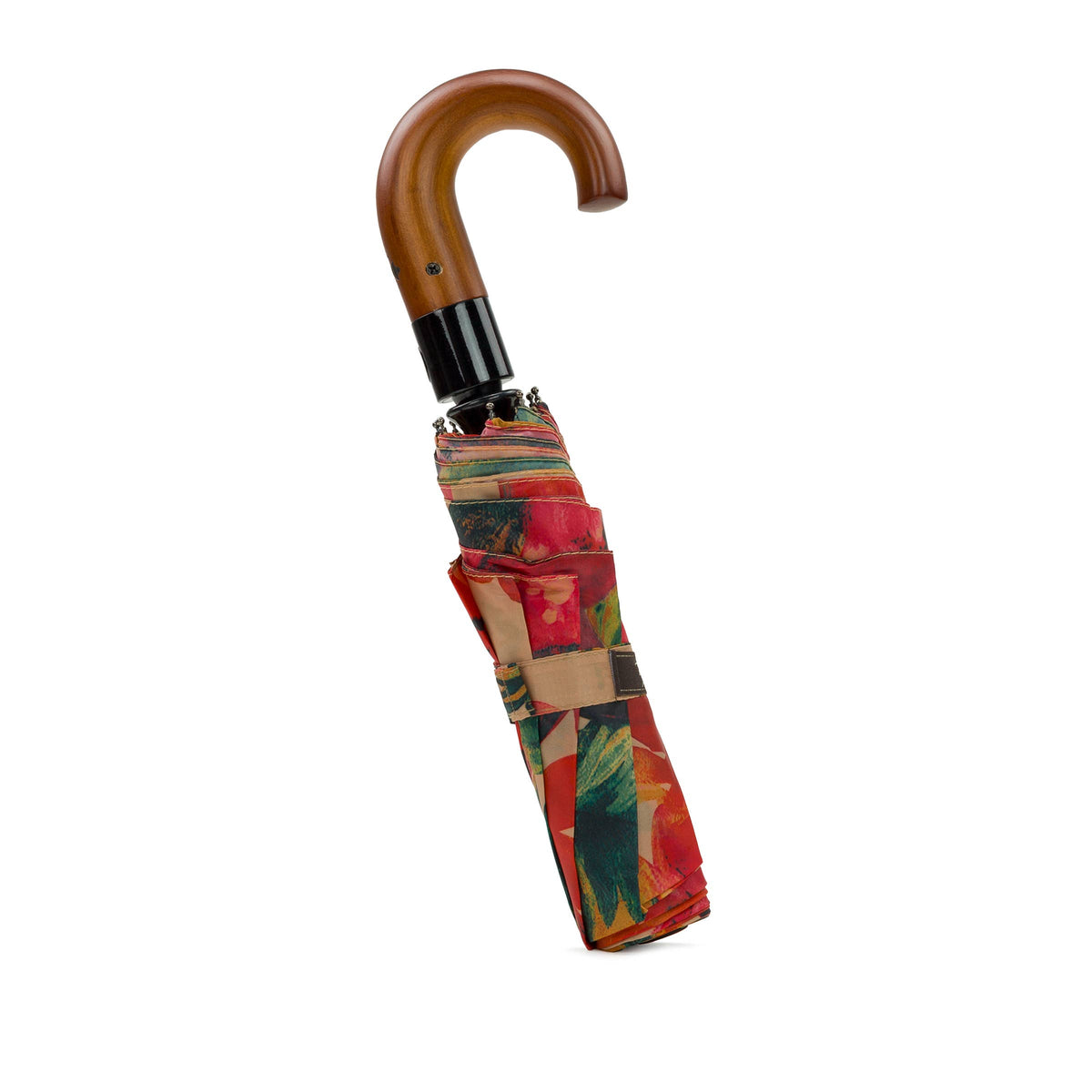 Patricia Nash Magliano umbrella with spring multi-colored floral pattern, open to show vibrant fabric and curved handle.
