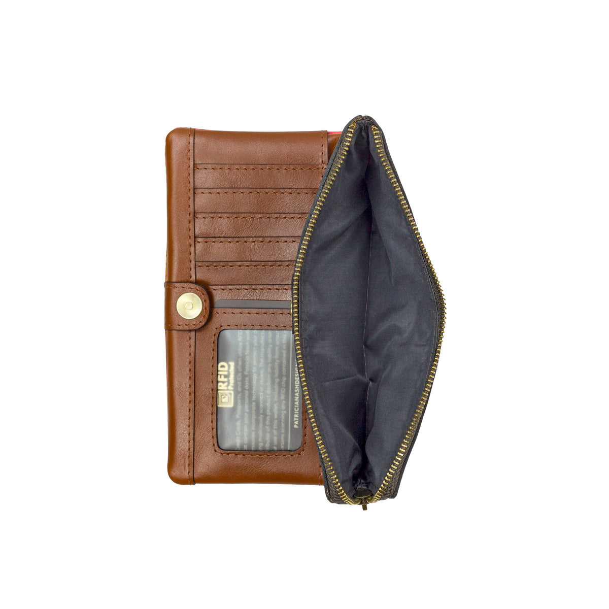 Patricia Nash Prassa Wallet in Spring Multi with floral and geometric patterns, showcasing a compact leather design with multiple card slots.