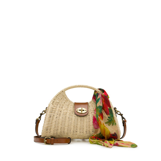 Patricia Nash Sarakino woven top handle bag with attached scarf, featuring a textured leather design and elegant woven strap.
