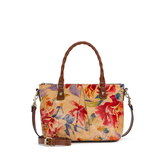 Patricia Nash Zora Top Handle Crossbody bag in Aegean Blooms with floral pattern and leather strap, stylish and compact.