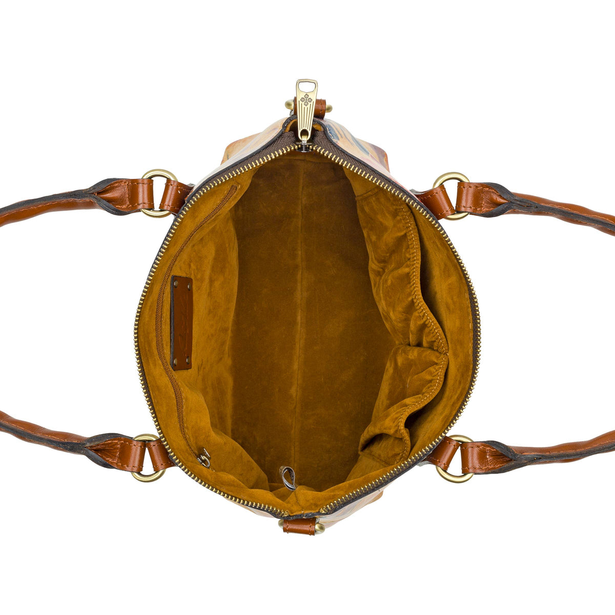 Patricia Nash Zora top handle crossbody bag in Aegean Blooms with floral pattern and leather accents, showcasing its elegant design.