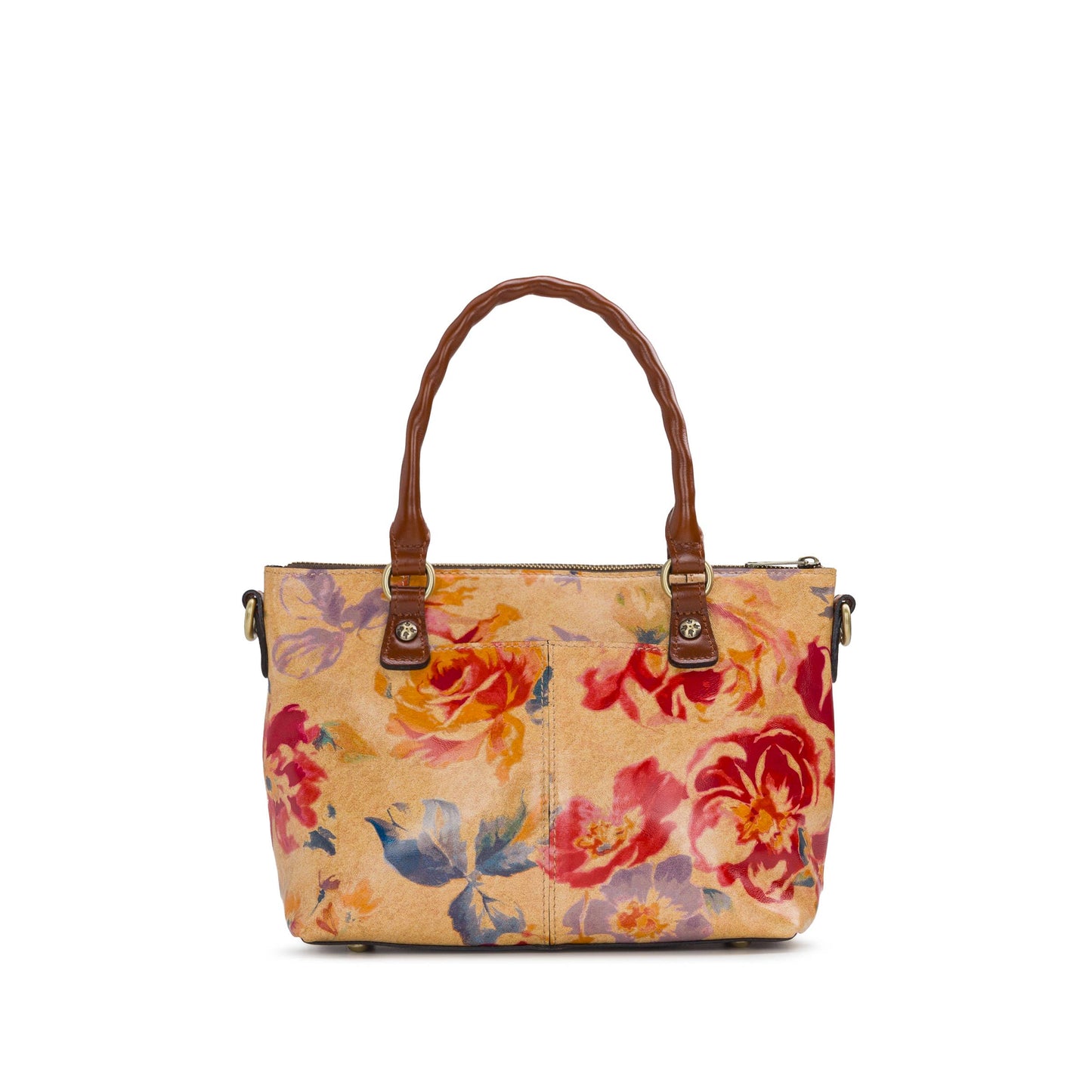 Patricia Nash Zora Top Handle Crossbody bag in Aegean Blooms with floral design and structured leather body.
