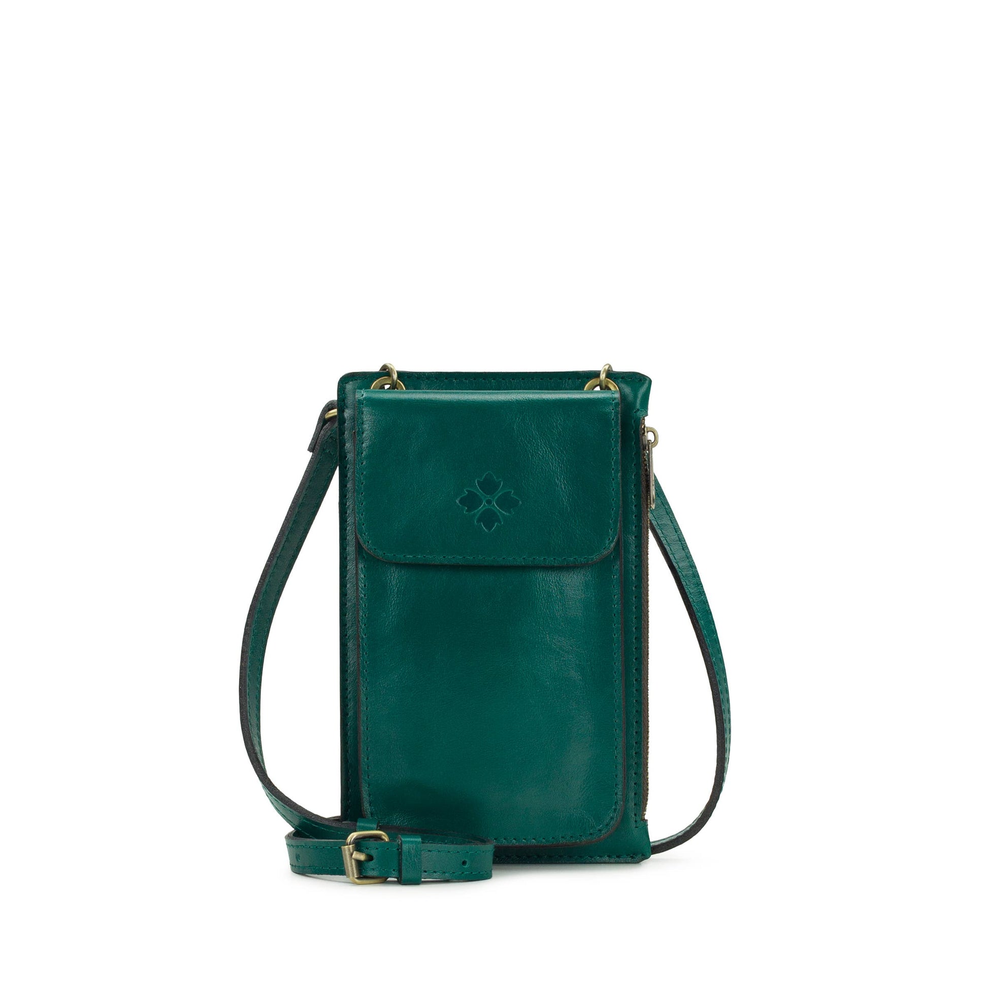 Patricia Nash Chiavella phone crossbody bag with leather strap and vintage-inspired design, featuring multiple compartments.
