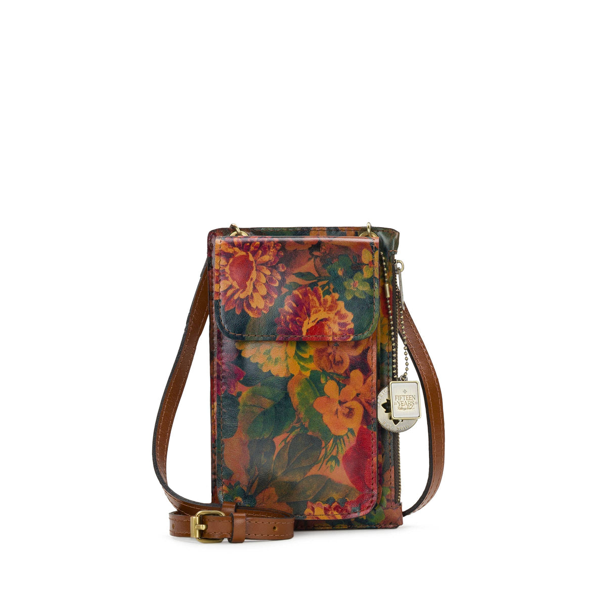 Patricia Nash Chiavella phone crossbody bag with leather strap and floral embossed design, compact and stylish for everyday use.