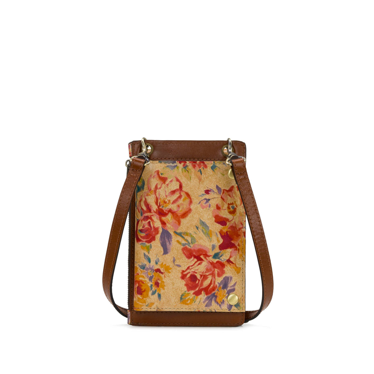 Patricia Nash Chiavella phone crossbody bag with leather strap, featuring a compact design and textured leather exterior.
