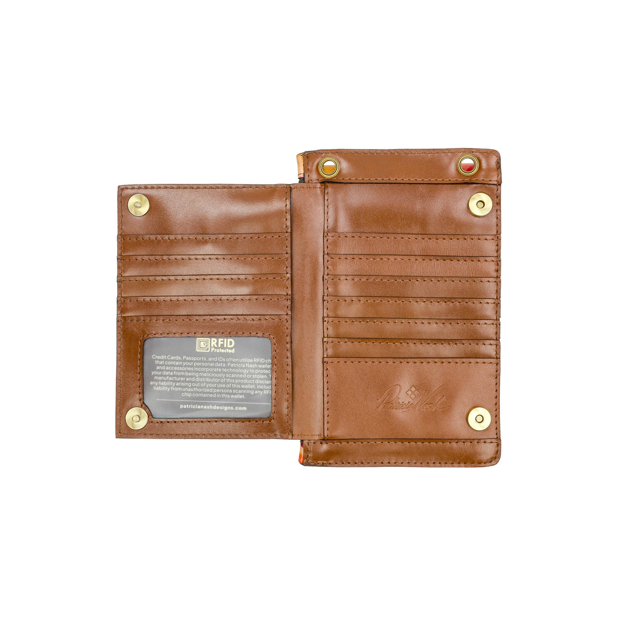 Patricia Nash Chiavella phone crossbody bag in brown leather with adjustable strap and vintage-inspired design.