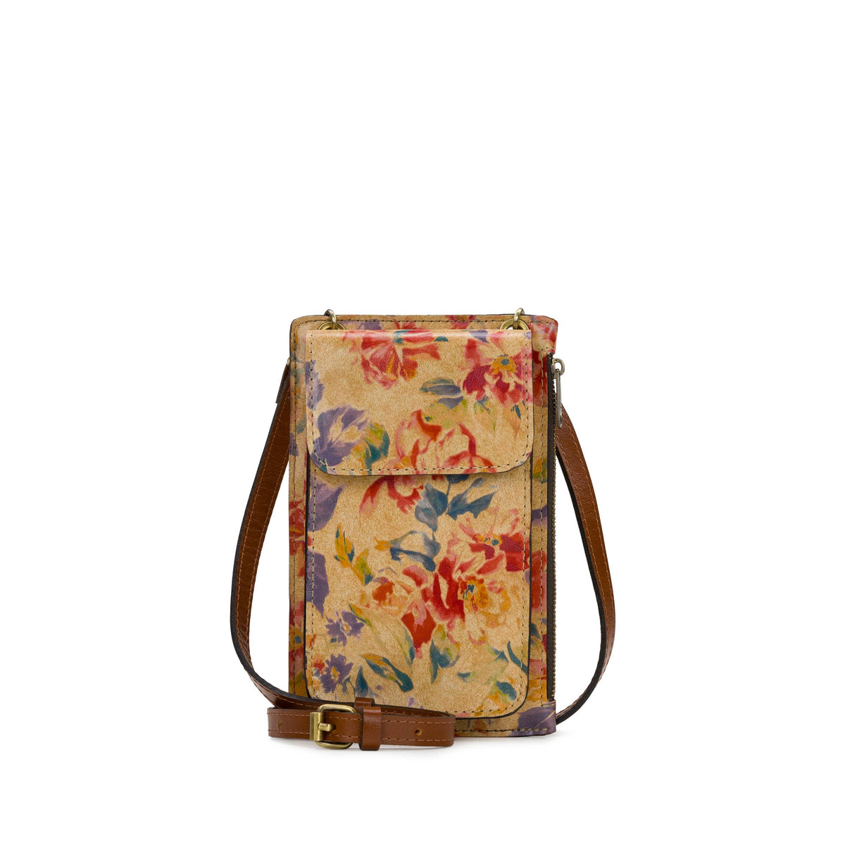 Patricia Nash Chiavella phone crossbody bag with leather strap and patterned design, ideal for carrying essentials.