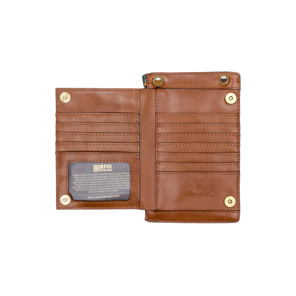 Patricia Nash Chiavella phone crossbody bag in brown leather with adjustable strap and decorative stitching, designed for everyday use
