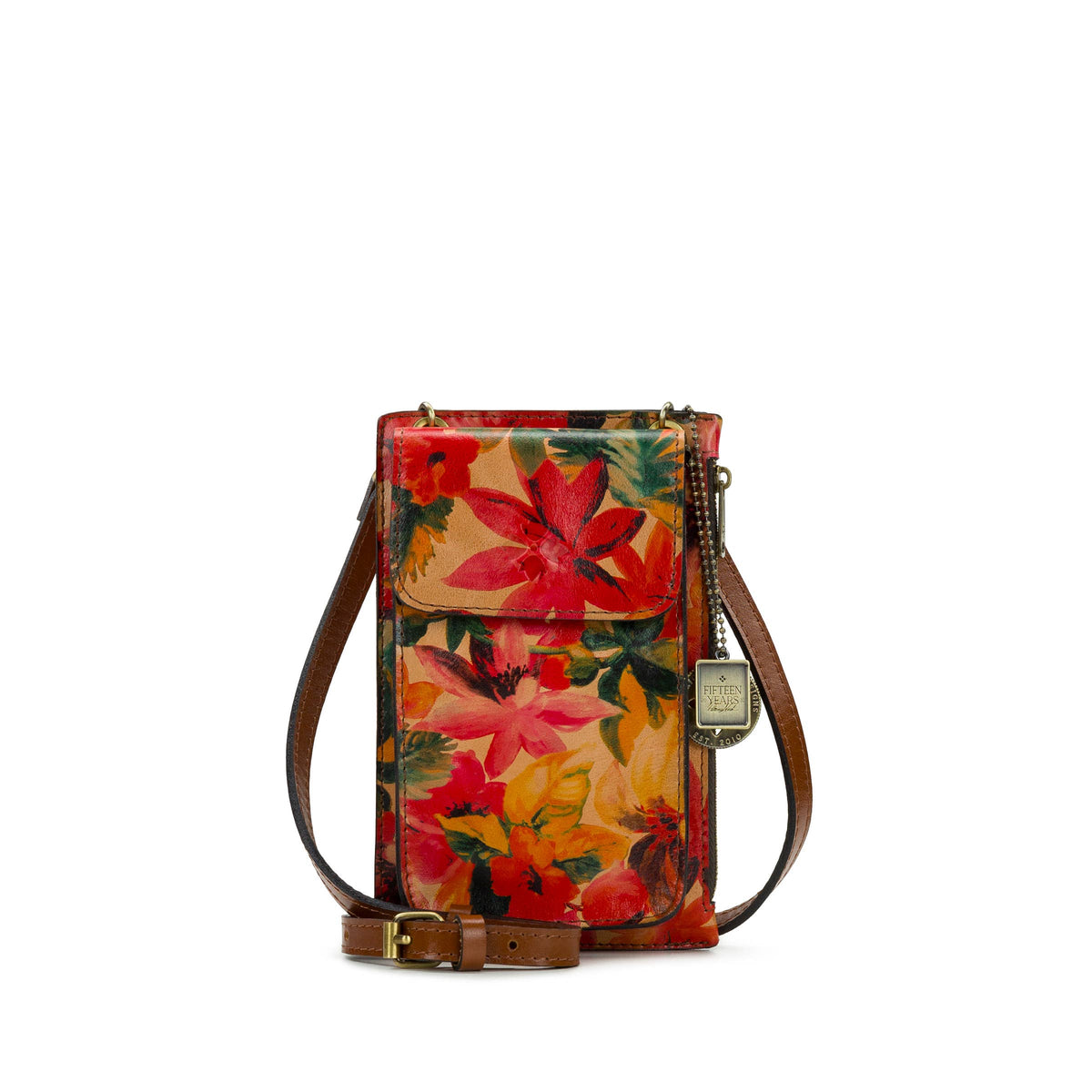 Patricia Nash Chiavella phone crossbody bag in tan leather with adjustable strap and vintage-inspired design.