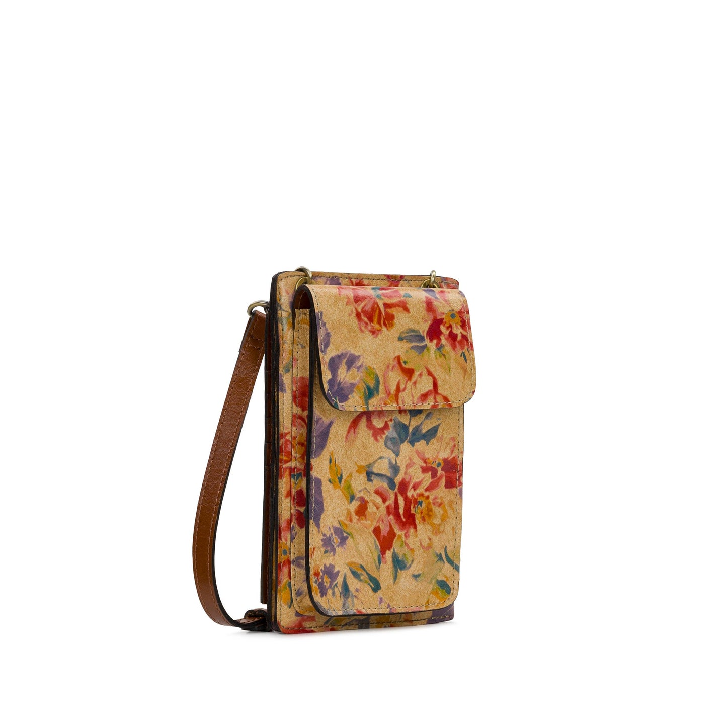 Patricia Nash Chiavella phone crossbody bag with leather strap and detailed stitching, showing its stylish compact design and natural leather finish.