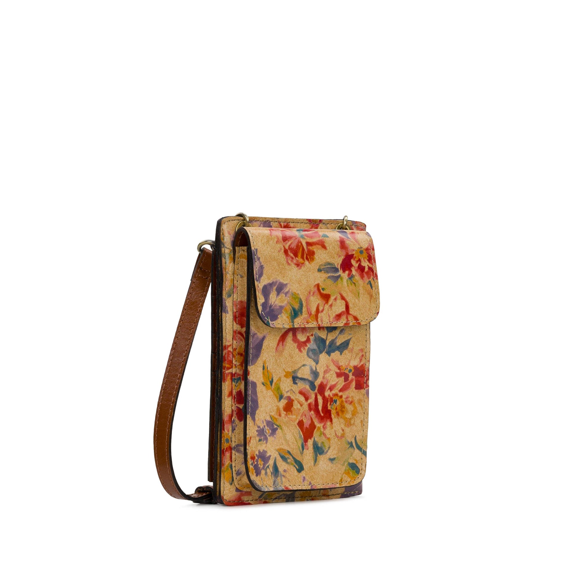 Patricia Nash Chiavella phone crossbody bag with leather strap and detailed stitching, showing its stylish compact design and natural leather finish.
