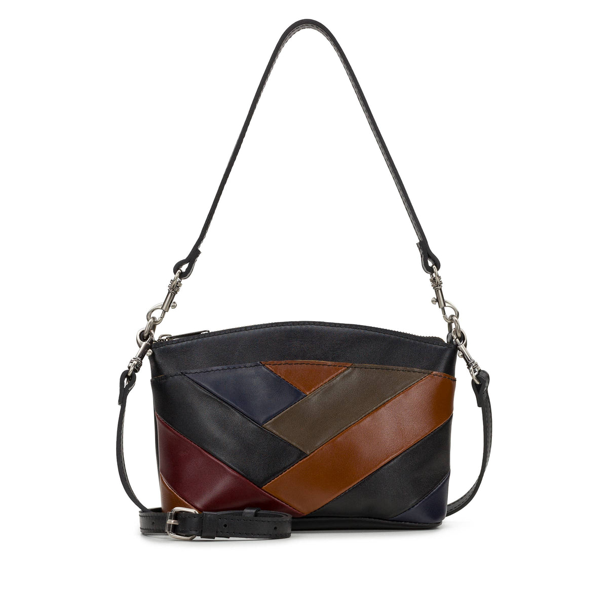 Patricia Nash Arlee Crossbody Bag in brown leather with adjustable strap and decorative stitching on front.