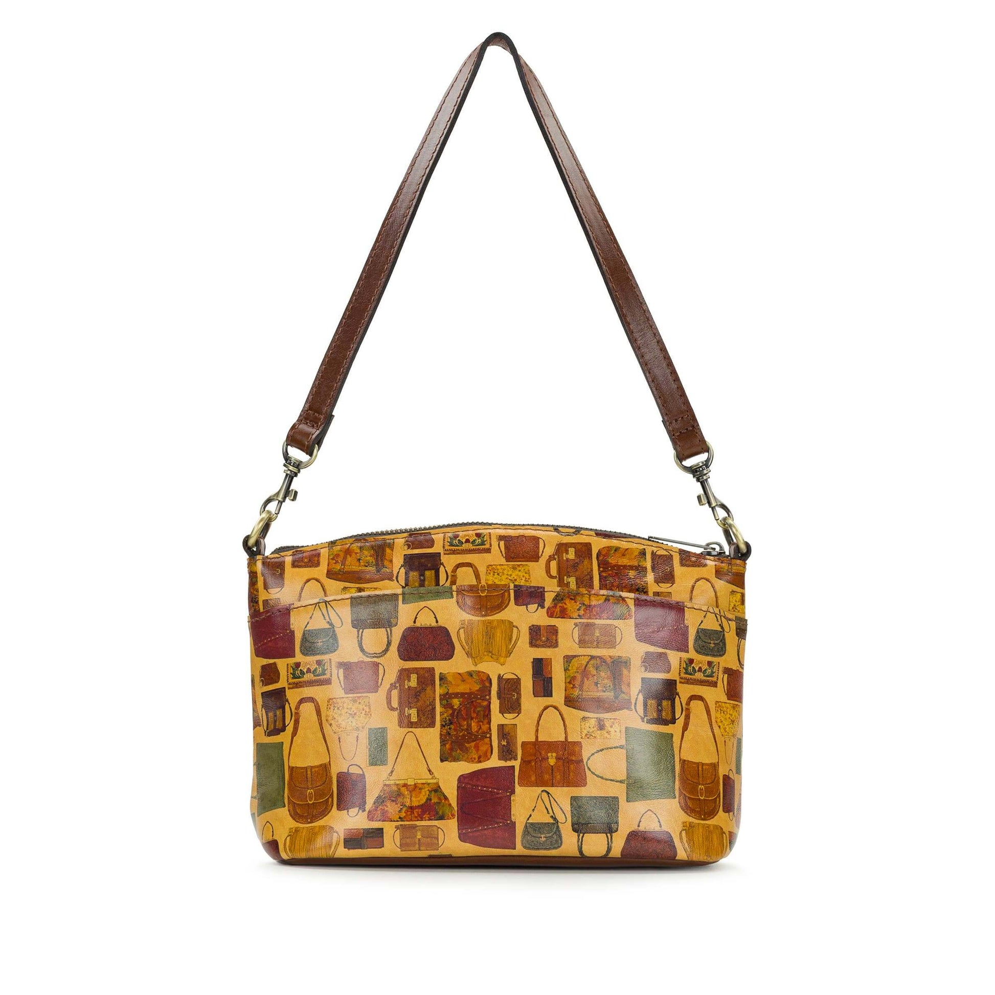 Patricia Nash Arlee Crossbody bag made of brown leather with decorative stitching and adjustable strap.