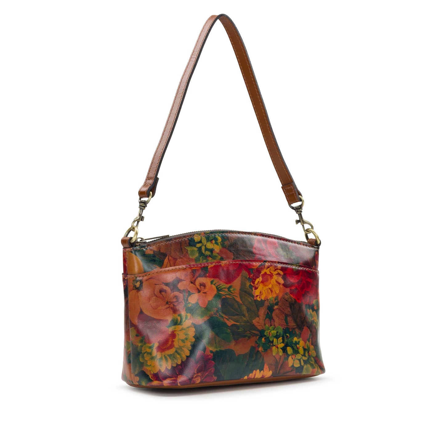 Patricia Nash Arlee Crossbody bag with brown leather strap and detailed stitching, showcasing its elegant, vintage-inspired design.