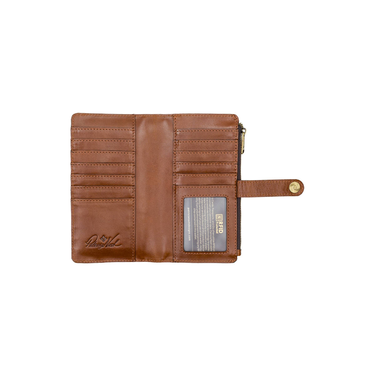 Patricia Nash Paladina Wallet with leather exterior, featuring multiple card slots and a zipper coin compartment.