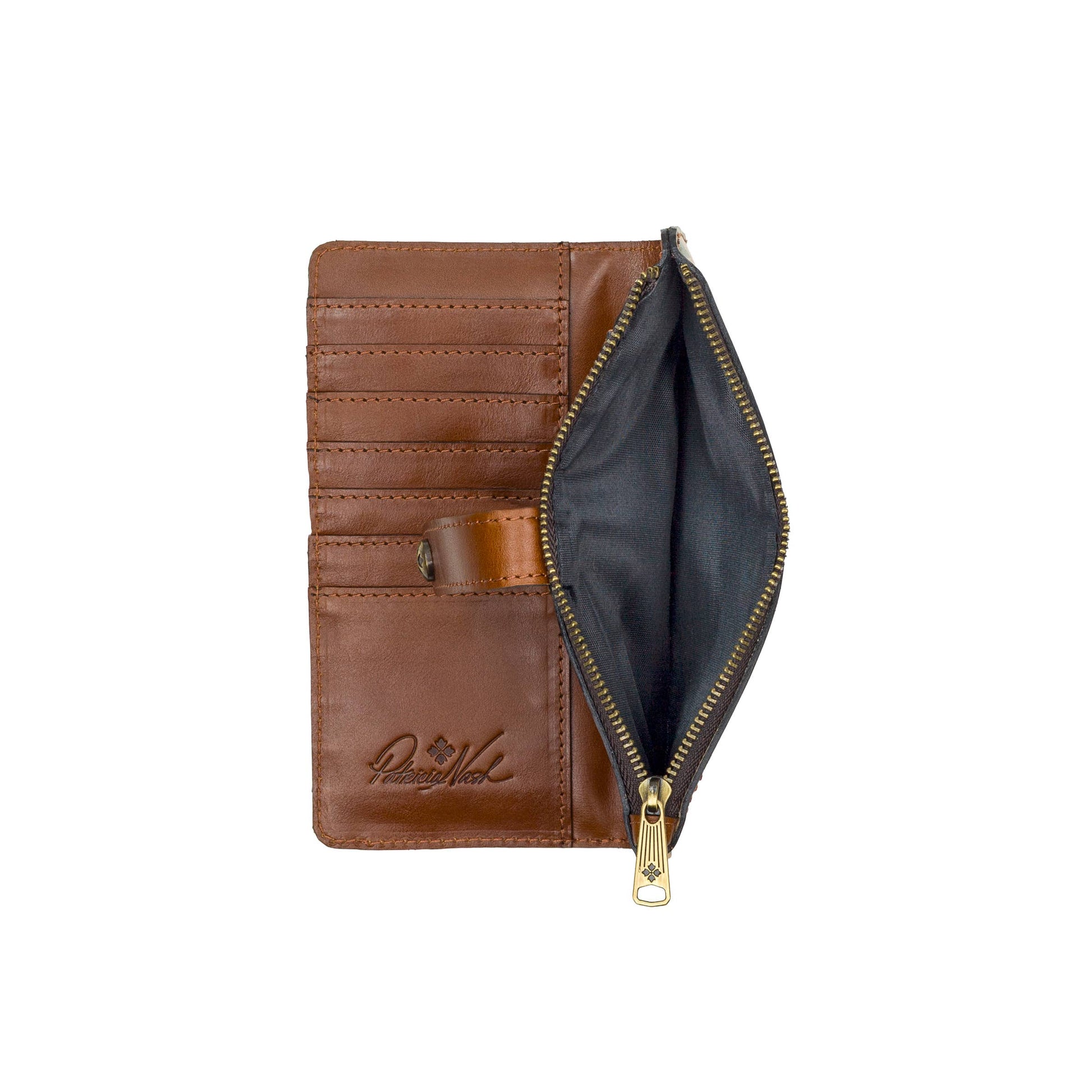 Patricia Nash Paladina wallet in brown leather with multiple card slots and a zip coin pocket.