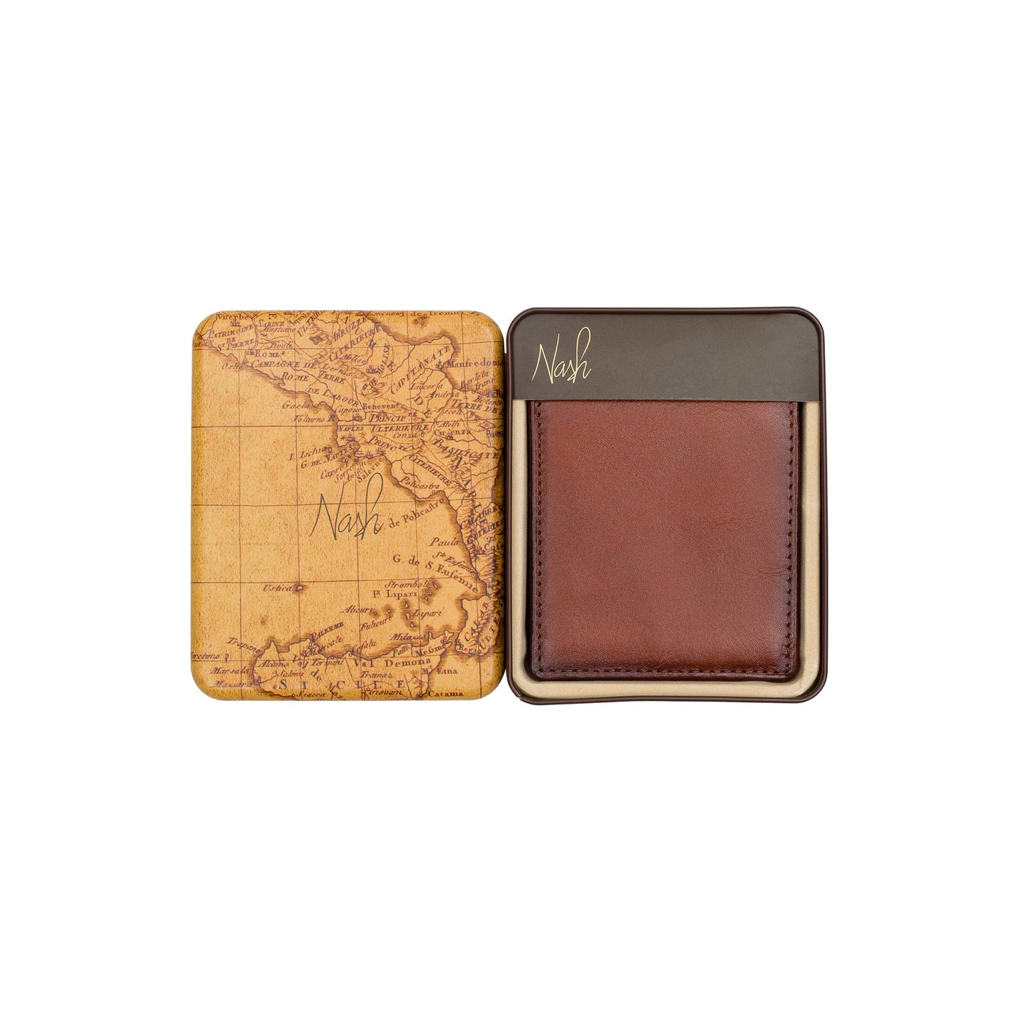 Patricia Nash Casanata Flip Passcase showing textured leather exterior with multiple card slots and a clear ID window.