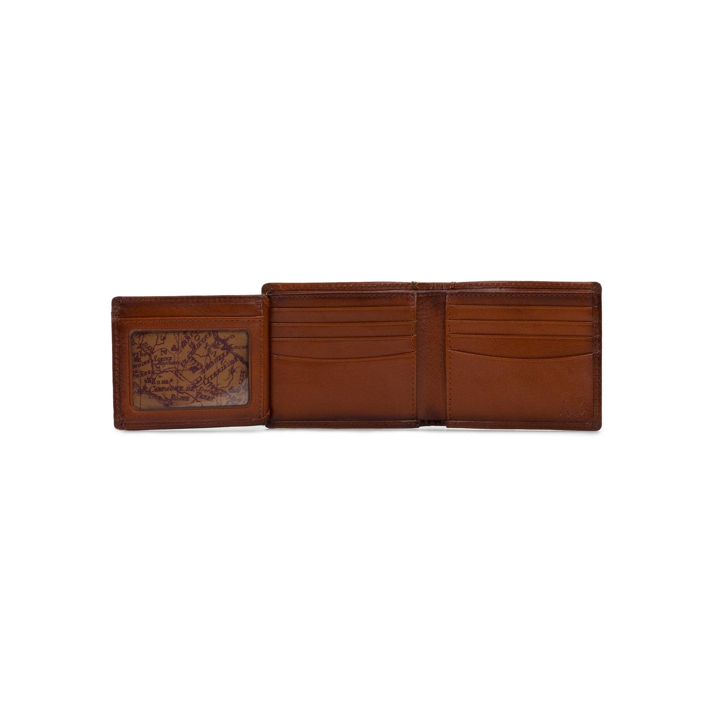 Patricia Nash Casanata Flip Passcase showing brown leather exterior with multiple card slots and a clear ID window.