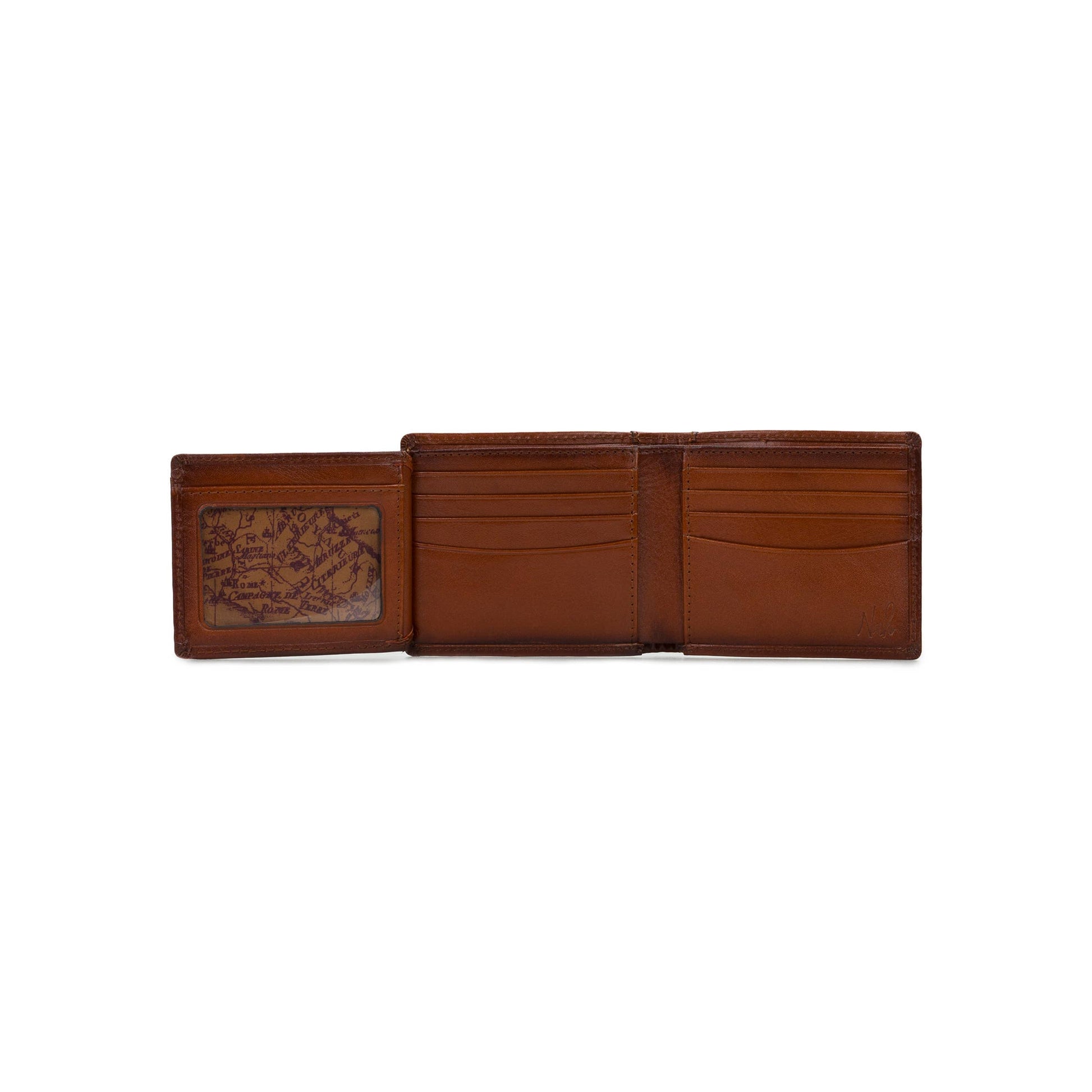 Patricia Nash Casanata Flip Passcase showing brown leather exterior with multiple card slots and a clear ID window.