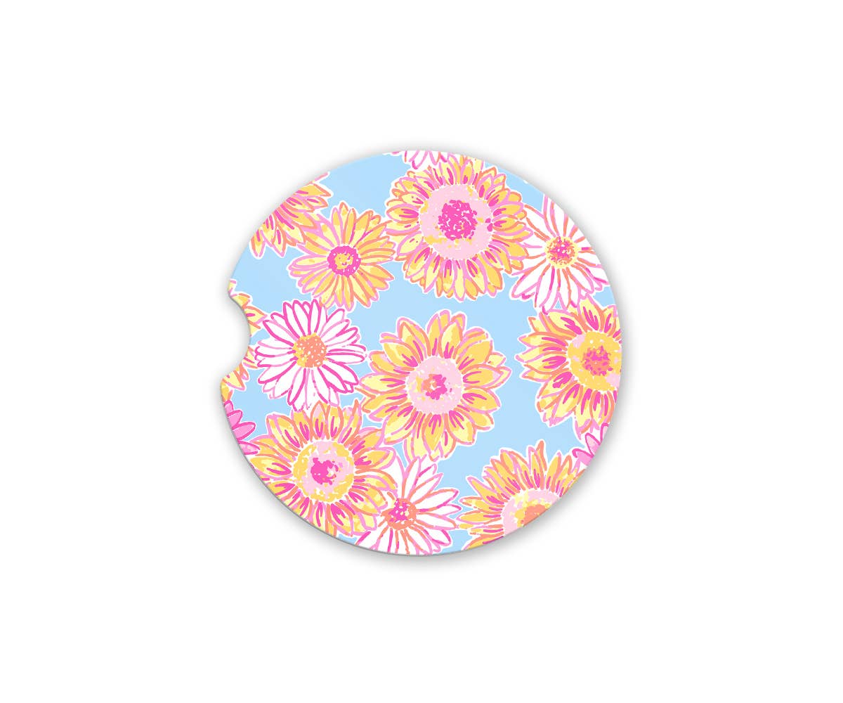 Quotable Life Prep Happy Sunflowers car coaster with vibrant sunflower design on a round absorbent ceramic surface.