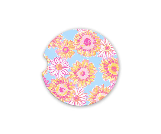 Quotable Life Prep Happy Sunflowers car coaster with vibrant sunflower design on a round absorbent ceramic surface.