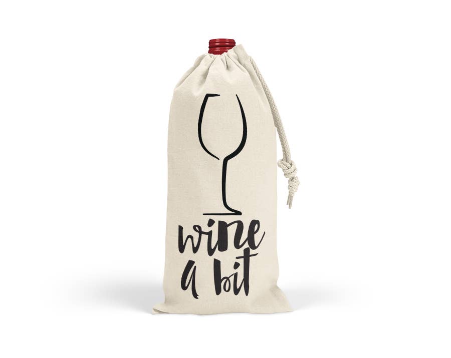 Quotable Life Wine A Bit wine bag, drawstring canvas tote with wine-themed design, ideal for carrying bottles stylishly.