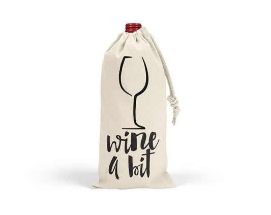 Quotable Life Wine A Bit wine bag, drawstring canvas tote with wine-themed design, ideal for carrying bottles stylishly.